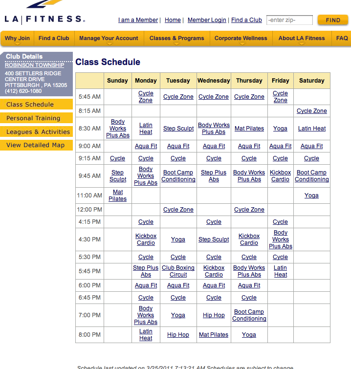 la fitness class schedule